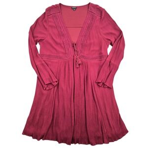 Torrid Womens Plus Size 2 Burgundy Crochet Lace Tassel Tie Bell Sleeve Tunic Top